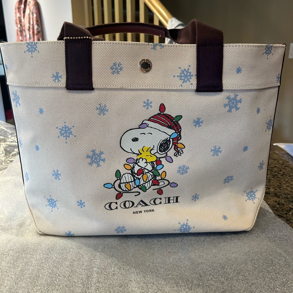 Coach canvas and leather Holiday Tote with Snoopy and Festive Lights